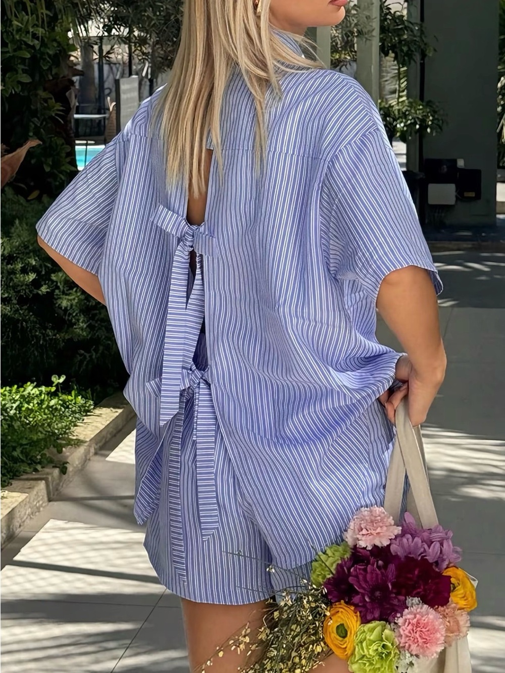 Blue Striped Back-Tie Short and top oversized Sz S